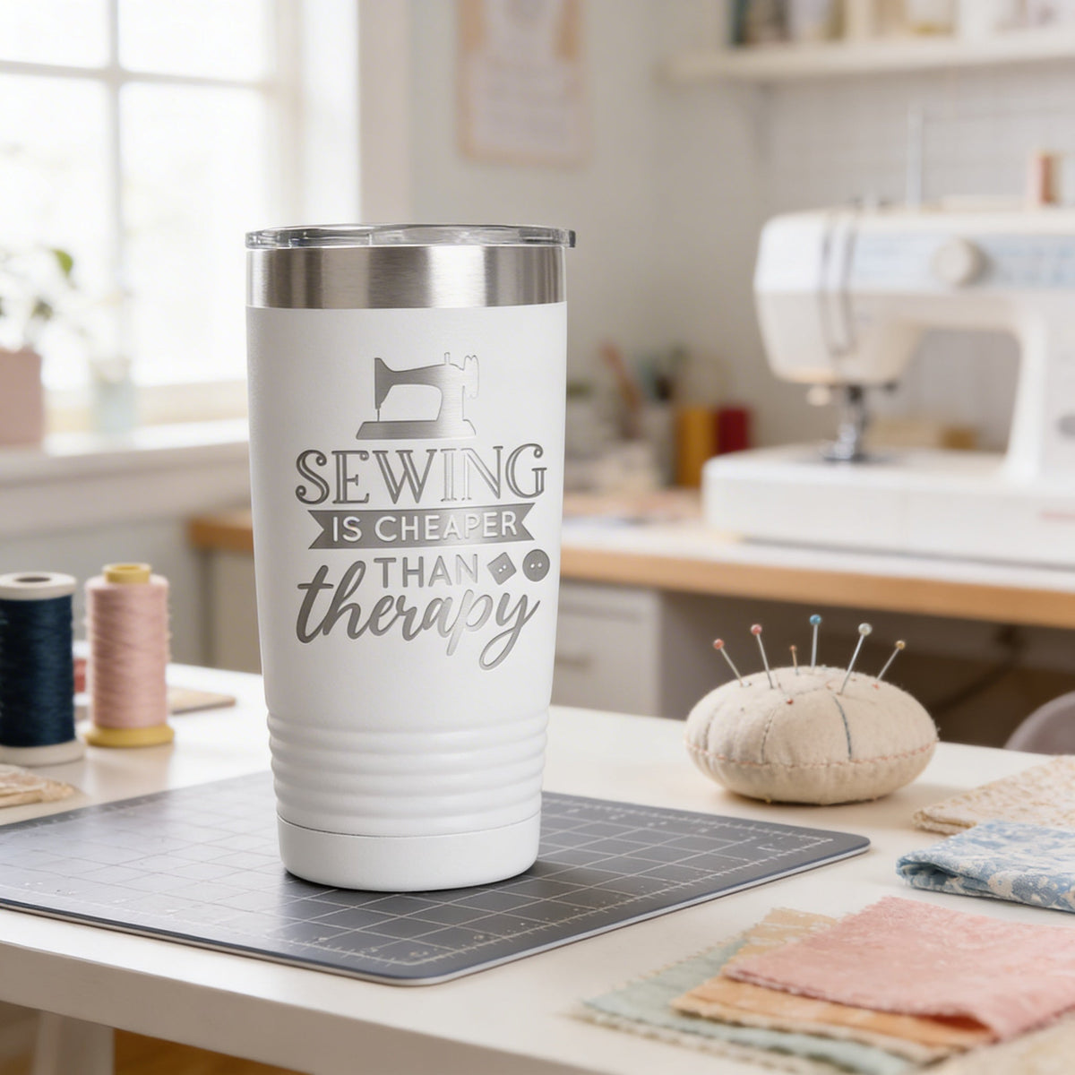 Personalized Sewing Tumbler 20 oz stainless steel insulated drinkware for crafters, hot or cold beverage travel mug, gift for sewists by Joyful Moose
