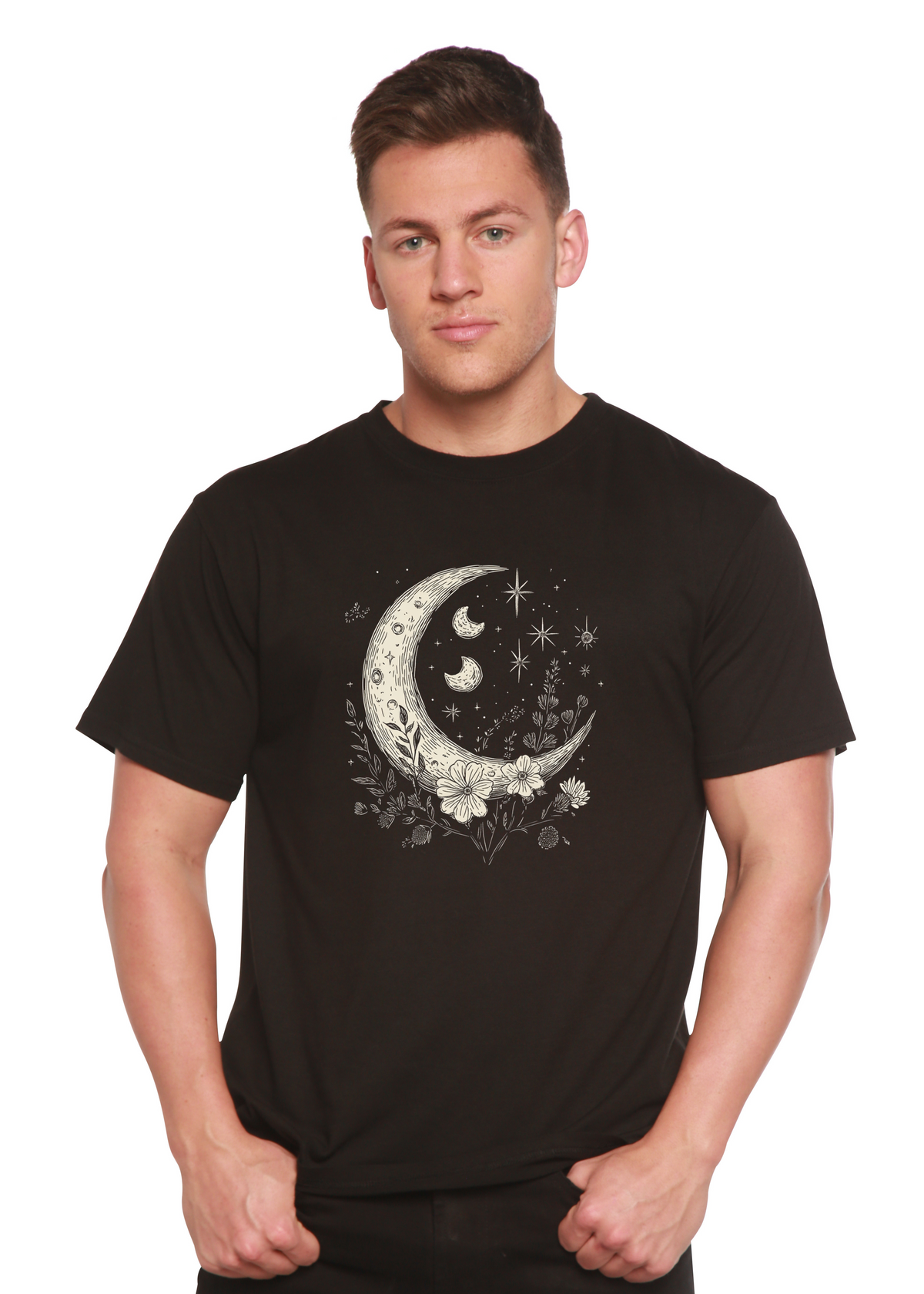 Moons and Stars Boho Flowers Vintage unisex short sleeve graphic T-shirt in bamboo viscose and cotton