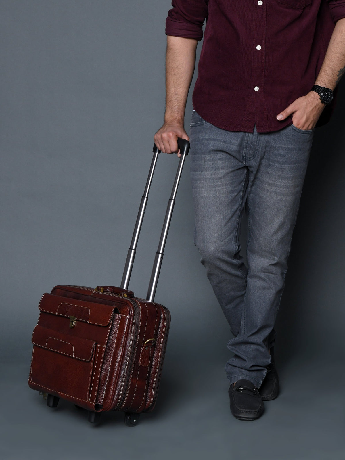 Wanderer Leather Trolly Suitcase Bag by Classy Leather Bags