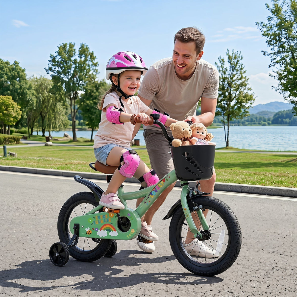 14-inch green girls bike with training wheels and basket, GBruno Store, view 2