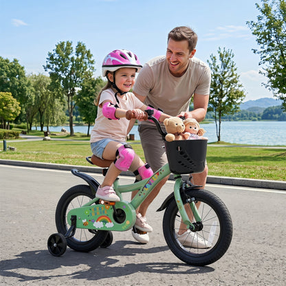 14-inch green girls bike with training wheels and basket, GBruno Store, view 2