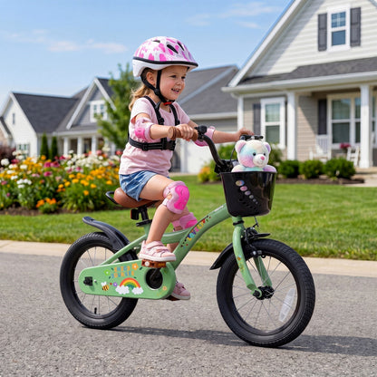 14-inch green girls bike with training wheels and basket, GBruno Store