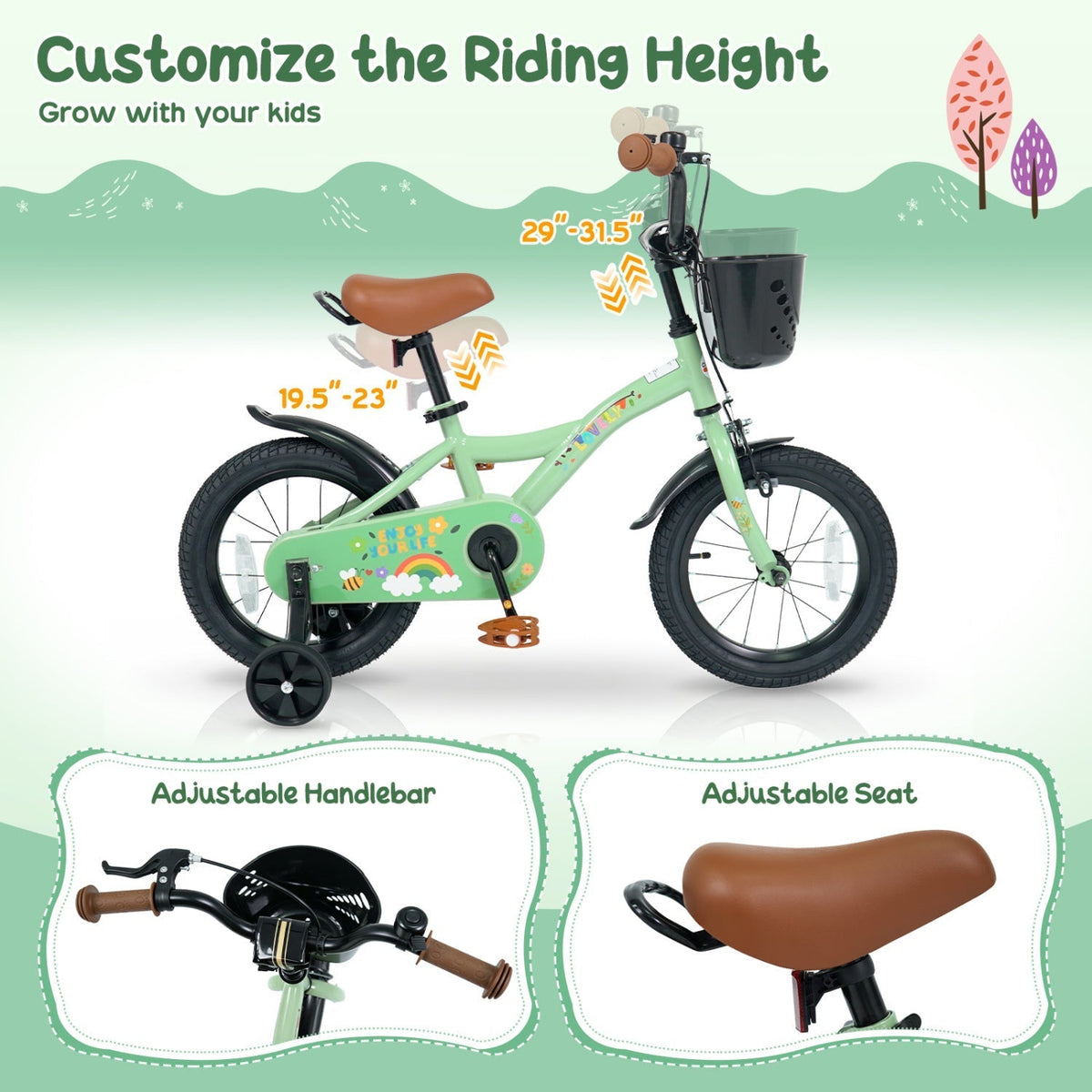 14-inch green girls bike with training wheels and basket, GBruno Store, view 6
