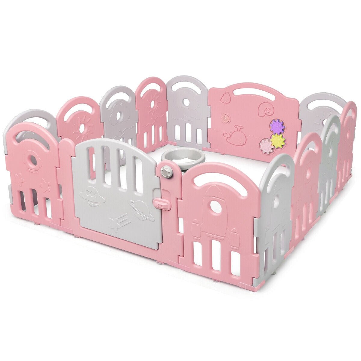 Pink 14-panel baby playpen with music box and basketball hoop, GBruno Store, view 3