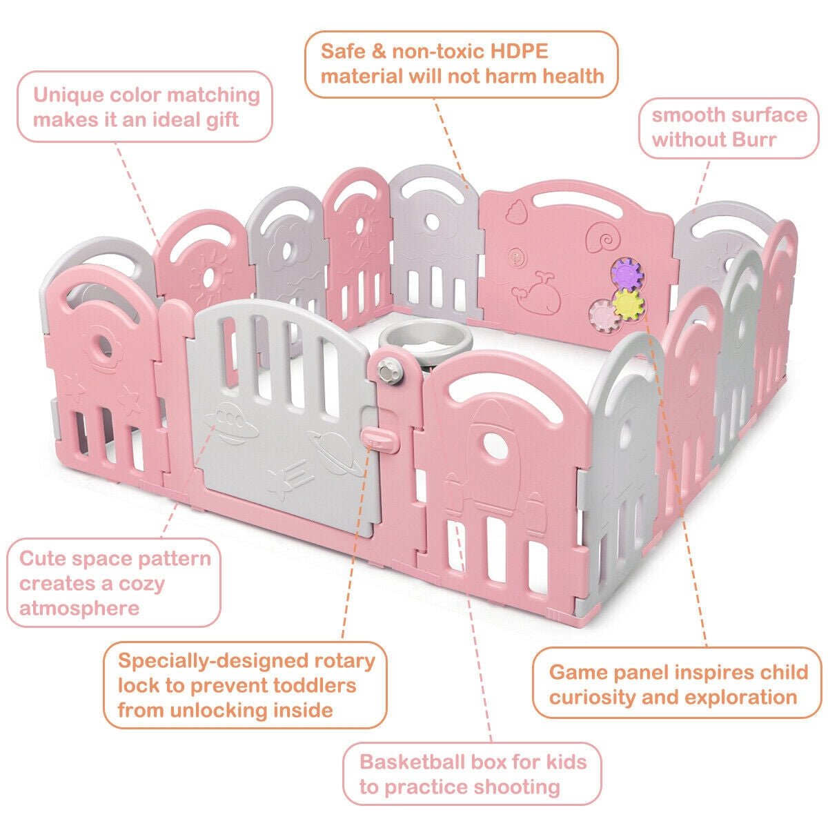 Pink 14-panel baby playpen with music box and basketball hoop, GBruno Store, view 8