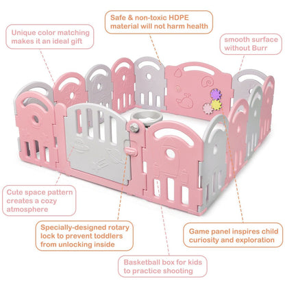 Pink 14-panel baby playpen with music box and basketball hoop, GBruno Store, view 8