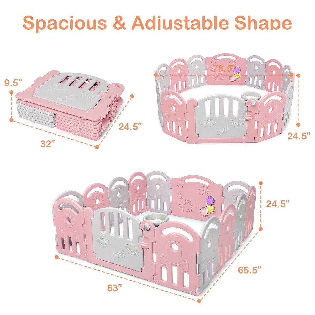 Pink 14-panel baby playpen with music box and basketball hoop, GBruno Store, view 5