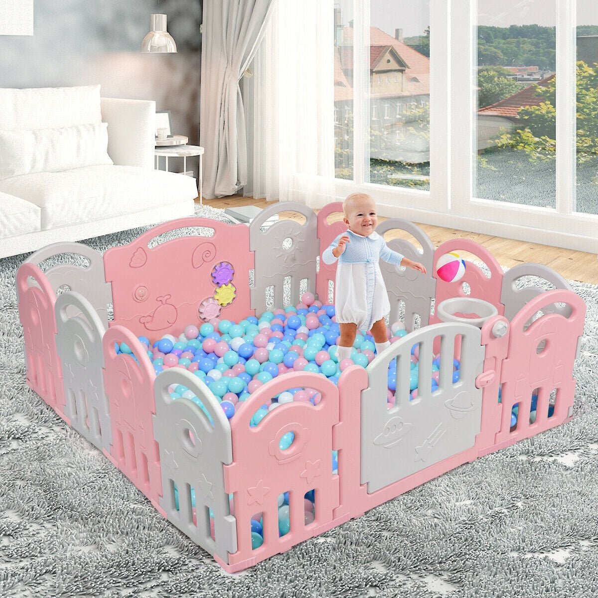 Pink 14-panel baby playpen with music box and basketball hoop, GBruno Store