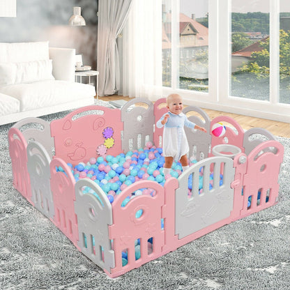 Pink 14-panel baby playpen with music box and basketball hoop, GBruno Store
