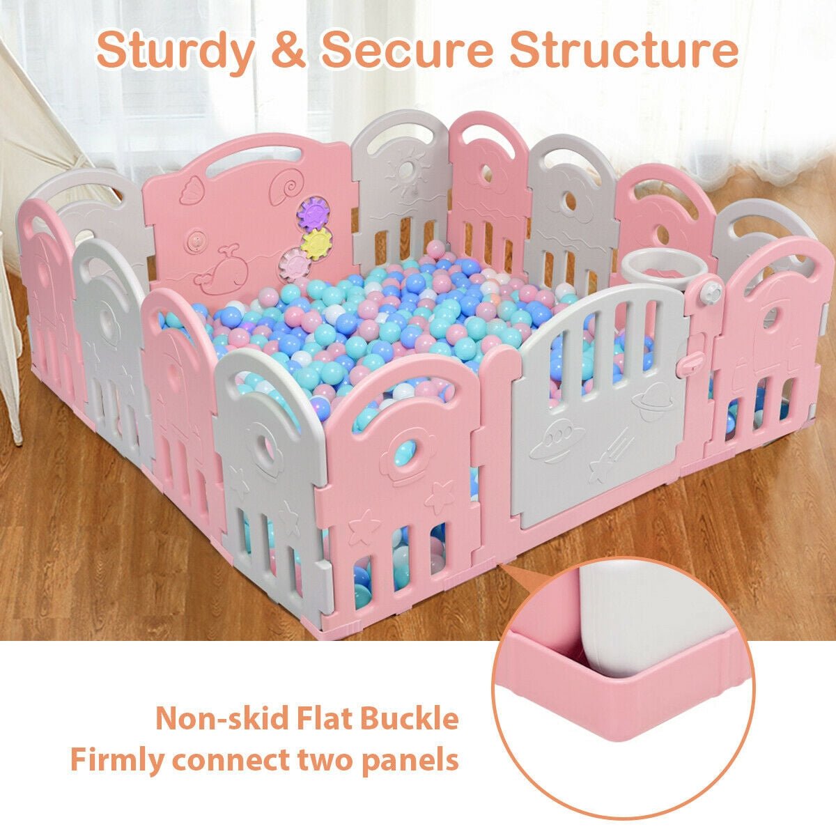 Pink 14-panel baby playpen with music box and basketball hoop, GBruno Store, view 7