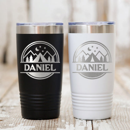 Personalized Camping Tumbler – Insulated Travel Mug with Mountain Stars Design by Joyful Moose