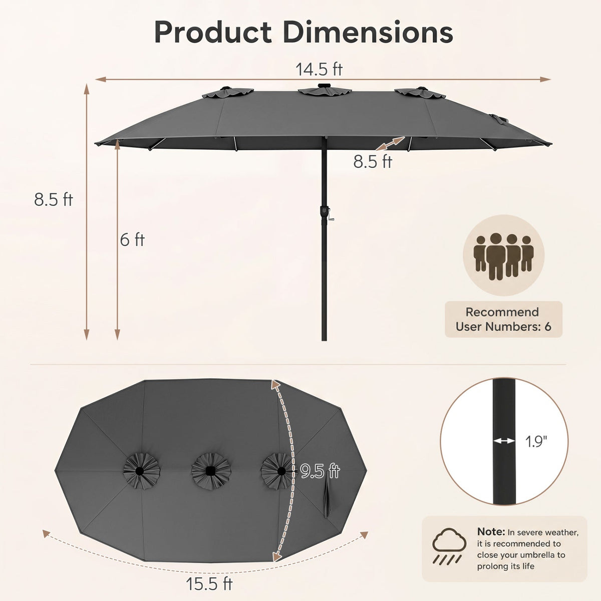 Patio Umbrella 15.5ft with Solar LED Lights and Crank by DirectDeals