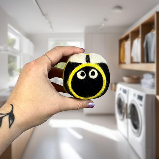 Organic wool dryer balls in Bumble Bee design