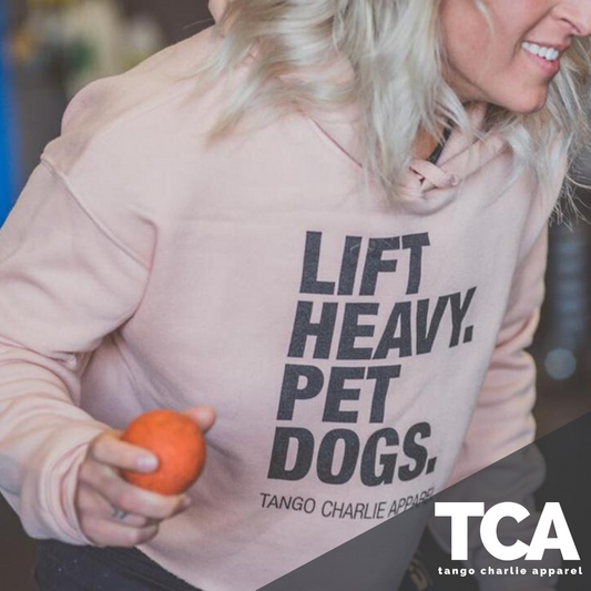 Lift Heavy. Pet Dogs. - Women's Crop Hoodie by Tango Charlie Apparel