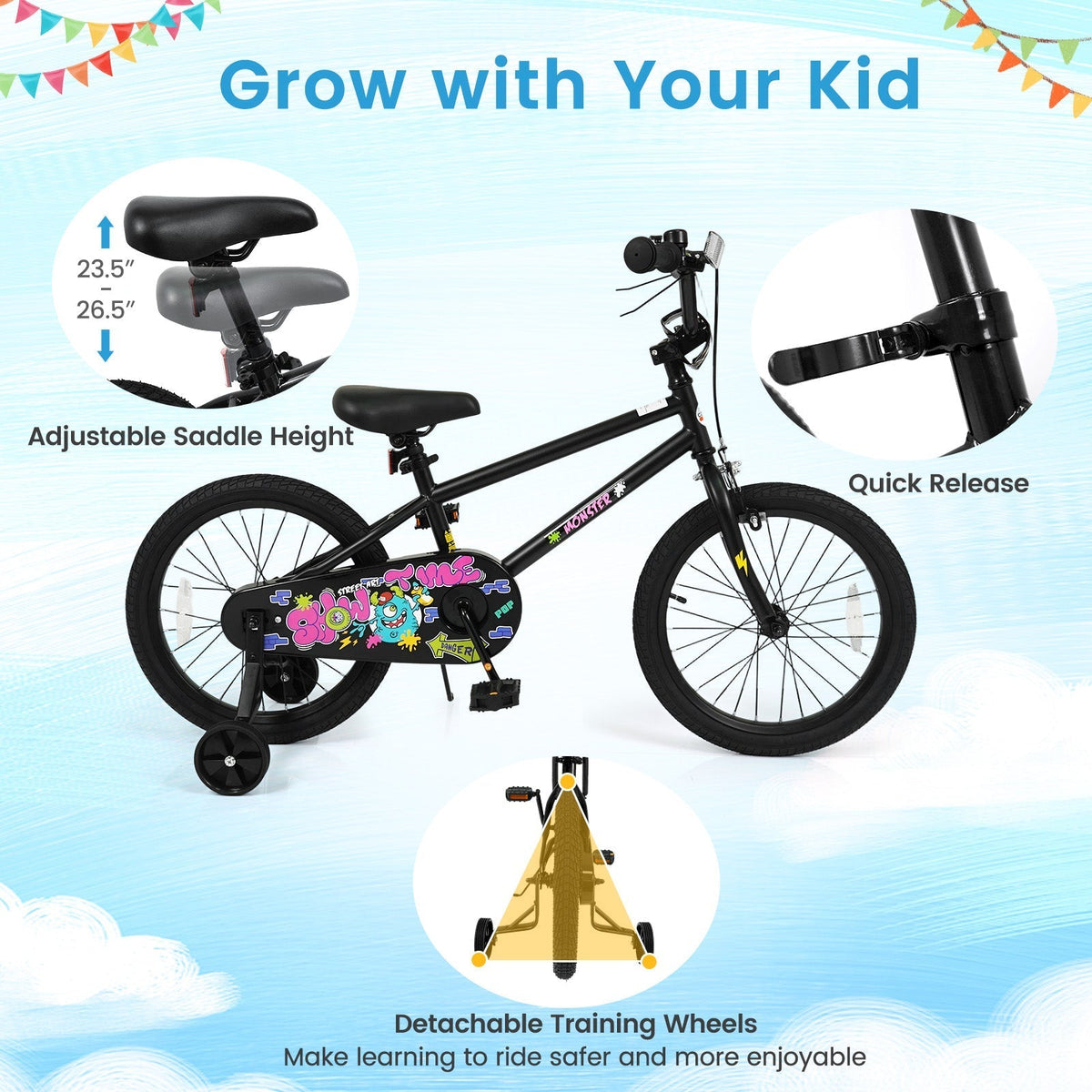 kids bike with monster graphics and training wheels by GBruno Store, view 6
