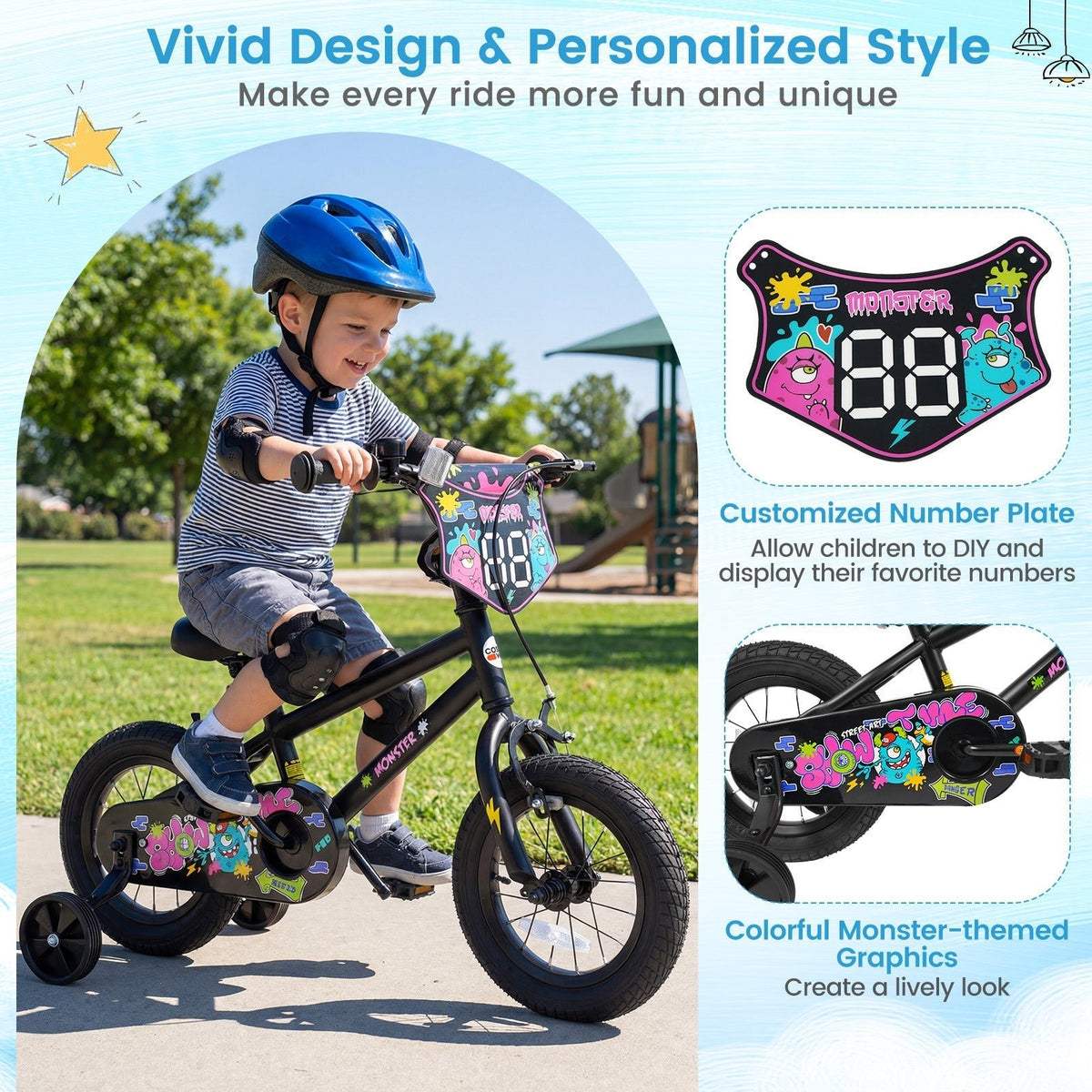 kids bike with monster graphics and training wheels by GBruno Store, view 16