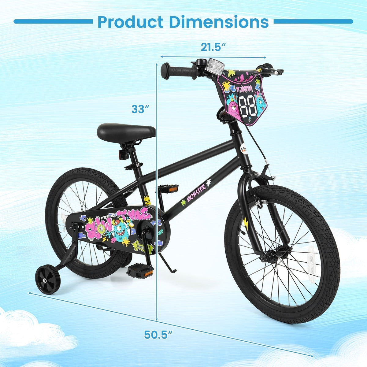 kids bike with monster graphics and training wheels by GBruno Store, view 4