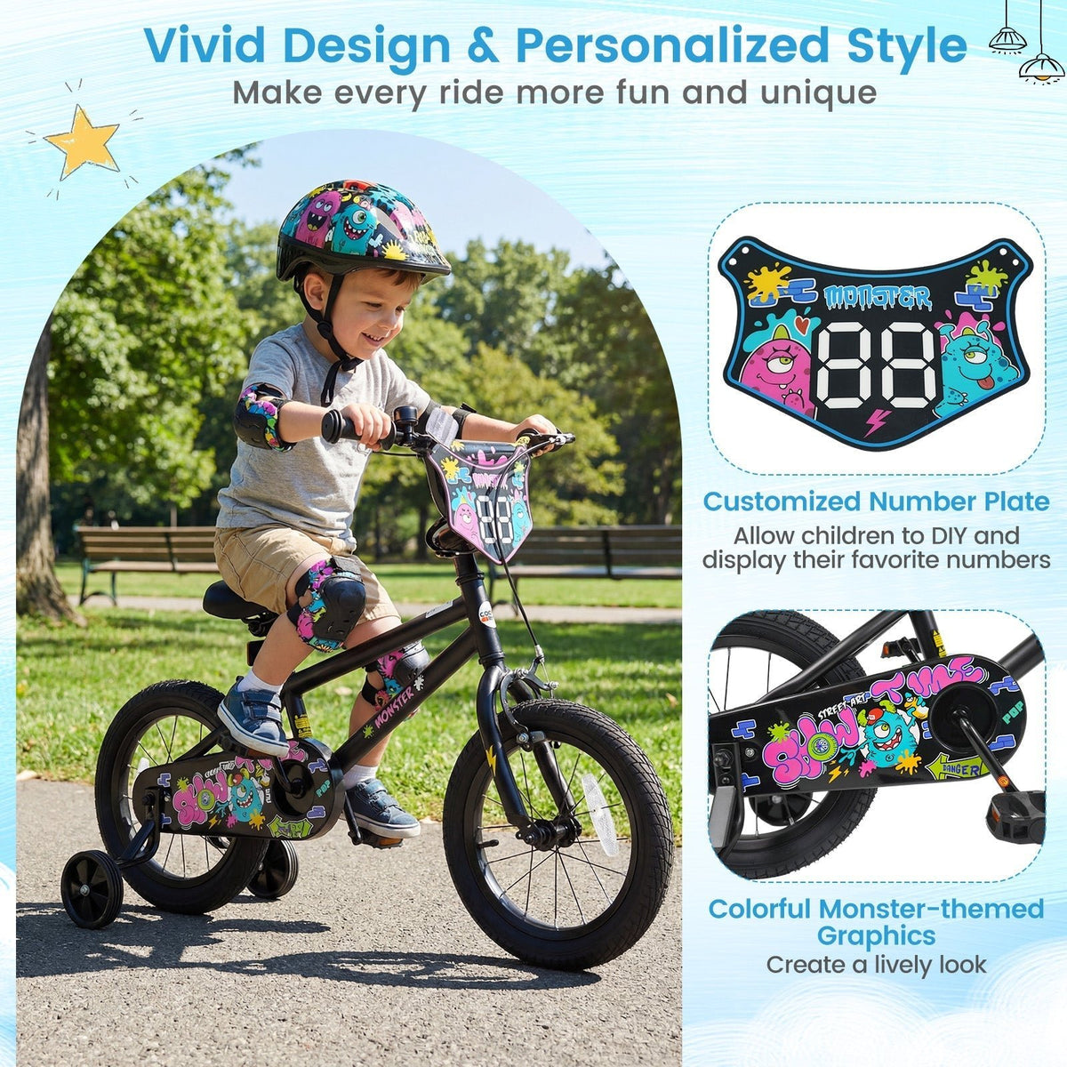 kids bike with monster graphics and training wheels by GBruno Store, view 23