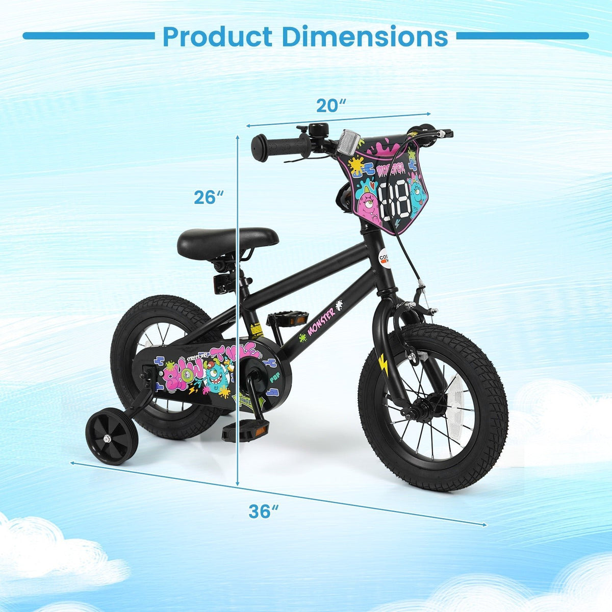 kids bike with monster graphics and training wheels by GBruno Store, view 12