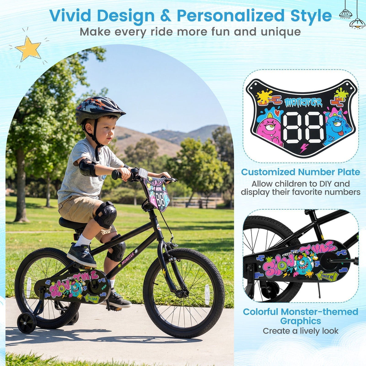 kids bike with monster graphics and training wheels by GBruno Store, view 8