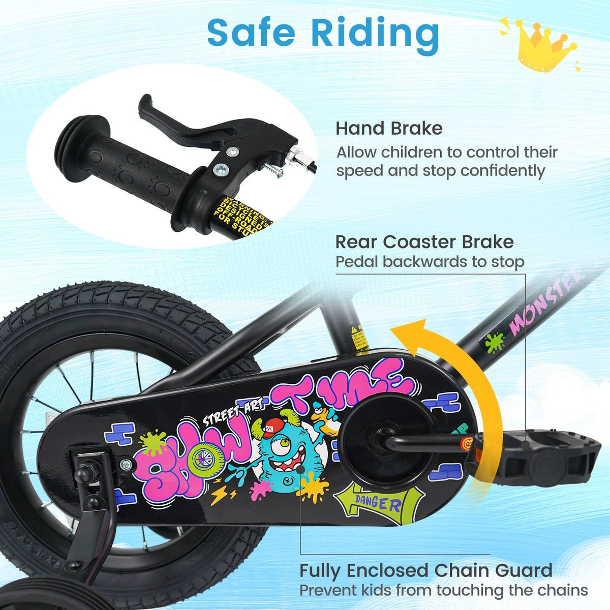 kids bike with monster graphics and training wheels by GBruno Store, view 13