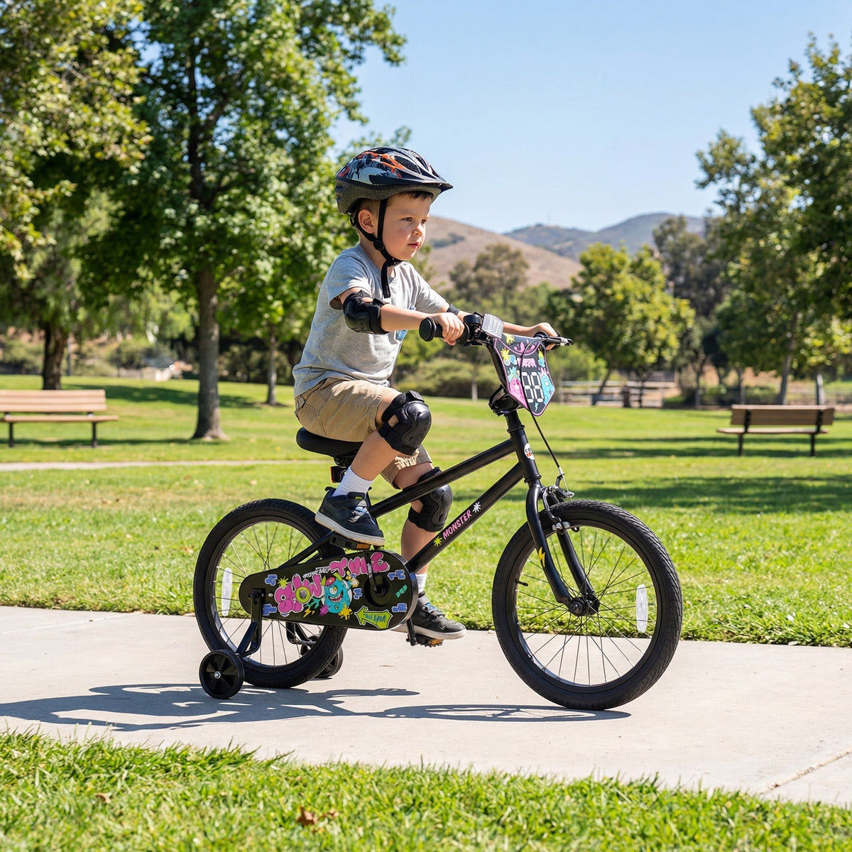 kids bike with monster graphics and training wheels by GBruno Store