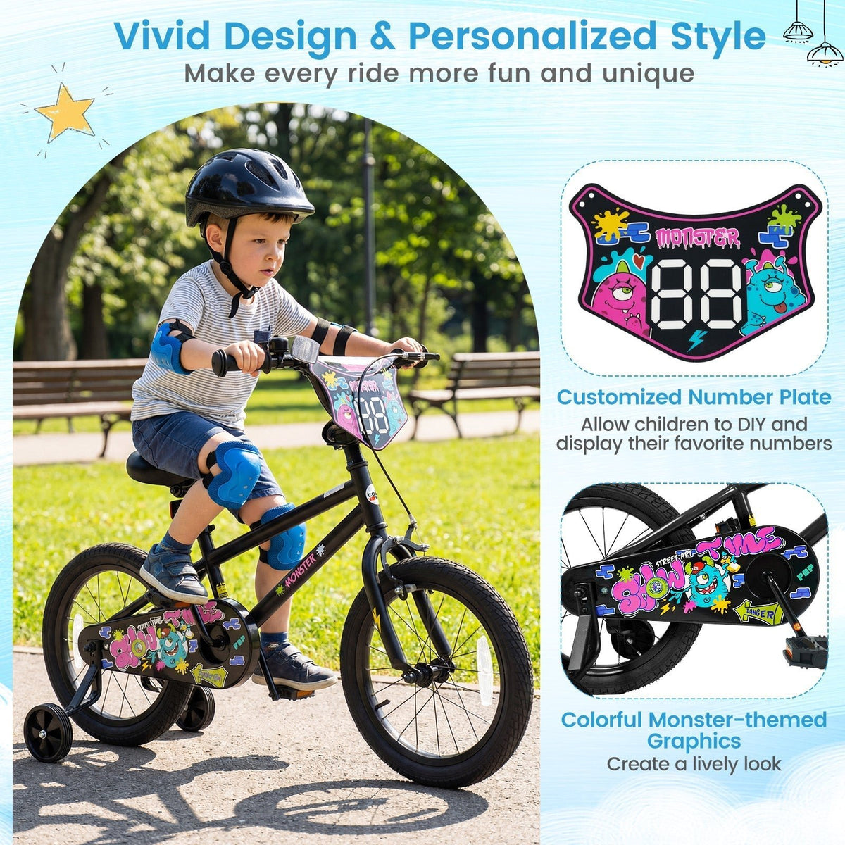 kids bike with monster graphics and training wheels by GBruno Store, view 32