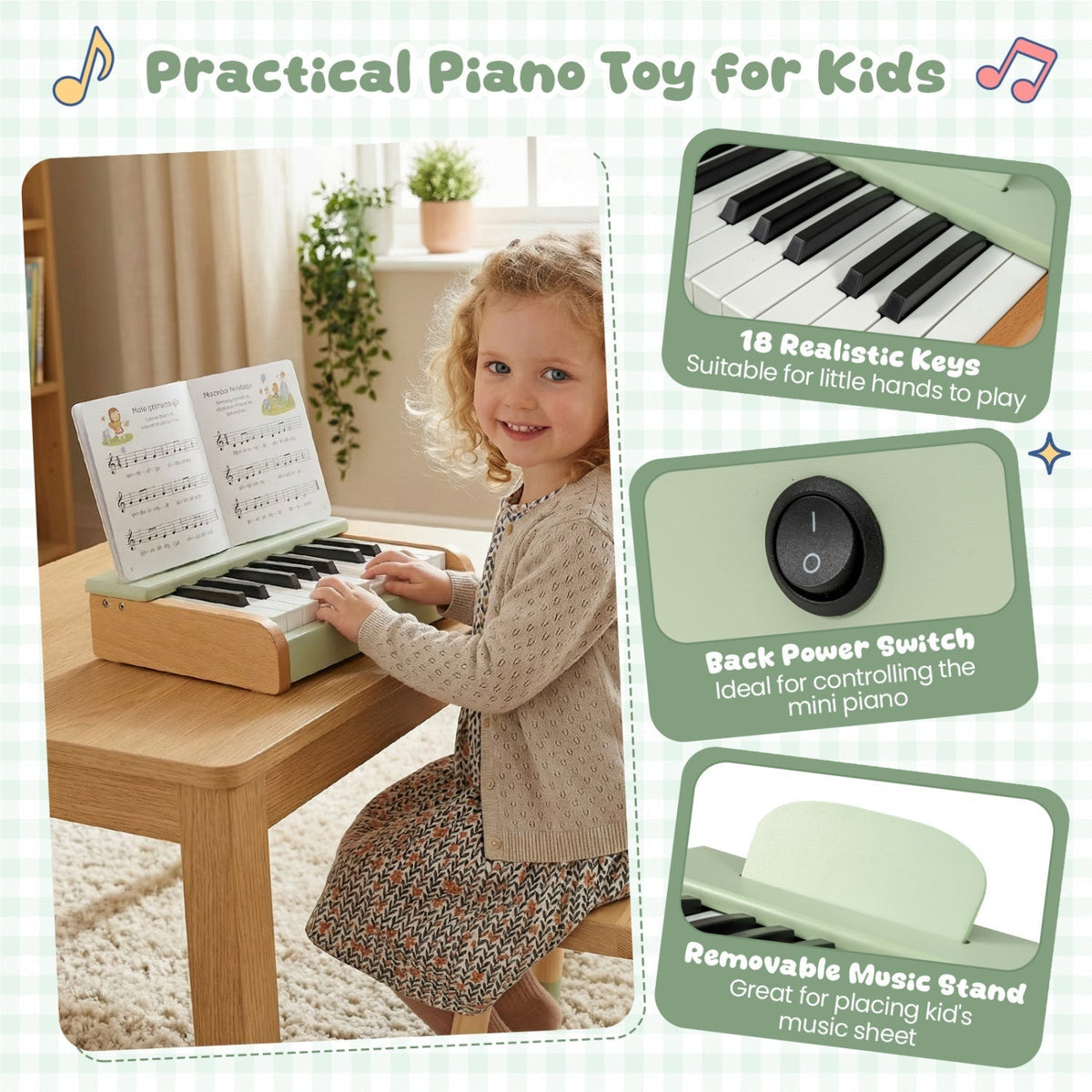 18-key wooden kids piano with music stand by GBruno Store, view 7