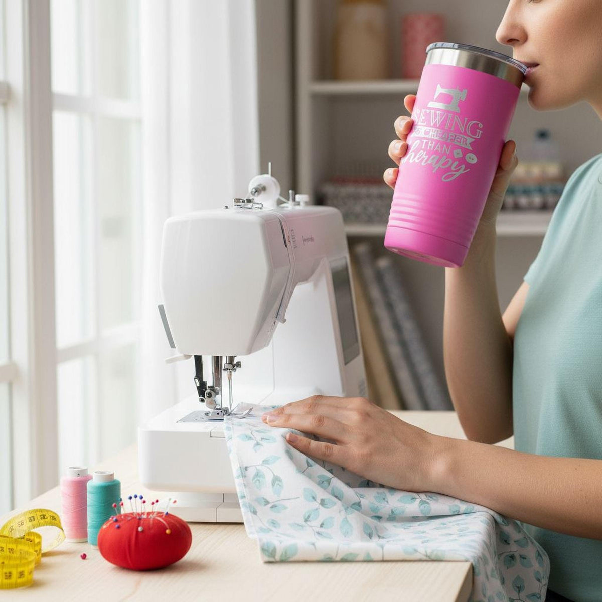 Personalized Sewing Tumbler 20 oz stainless steel insulated drinkware for crafters, hot or cold beverage travel mug, gift for sewists by Joyful Moose