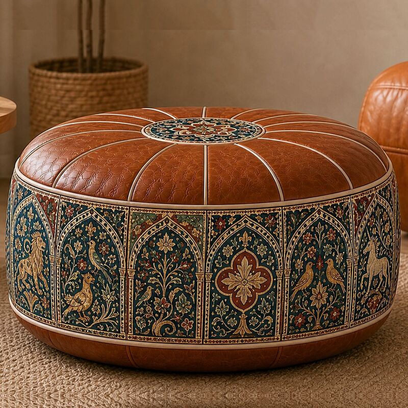 Bohemian ottoman pouf cover with water-resistant PU leather top — cover only; filling not included