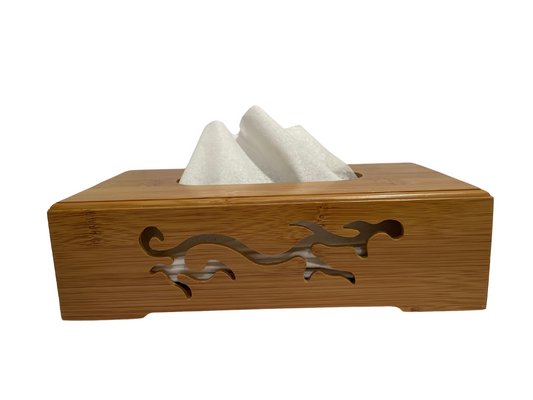 Bamboo tissue box with scroll cut dragon on each side