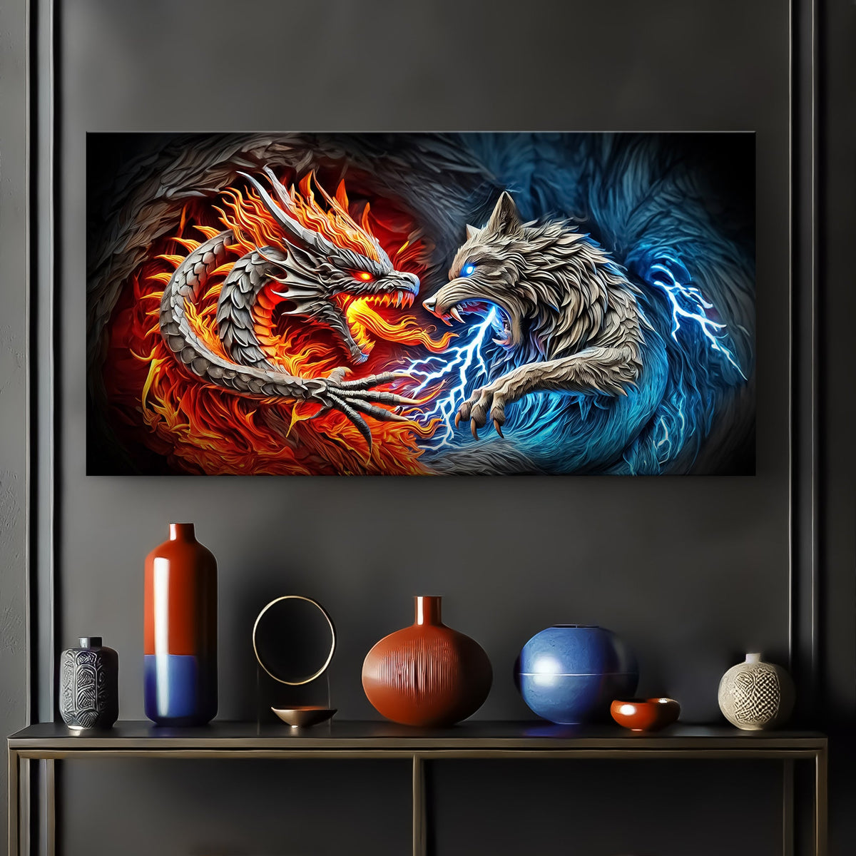 3D Dragon and Wolf Wall Art II canvas by Tailored Canvases