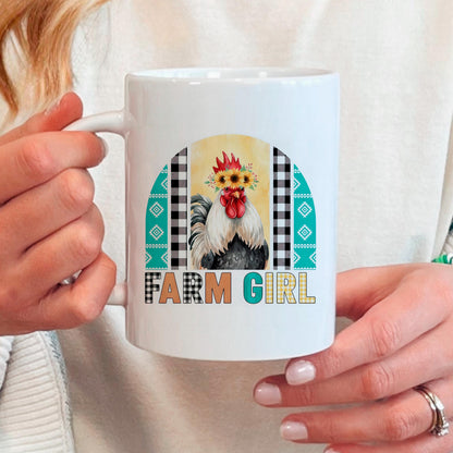 Farm Girl Mug – Rustic Farmhouse Coffee Cup with Sunflower Chicken Art by Joyful Moose