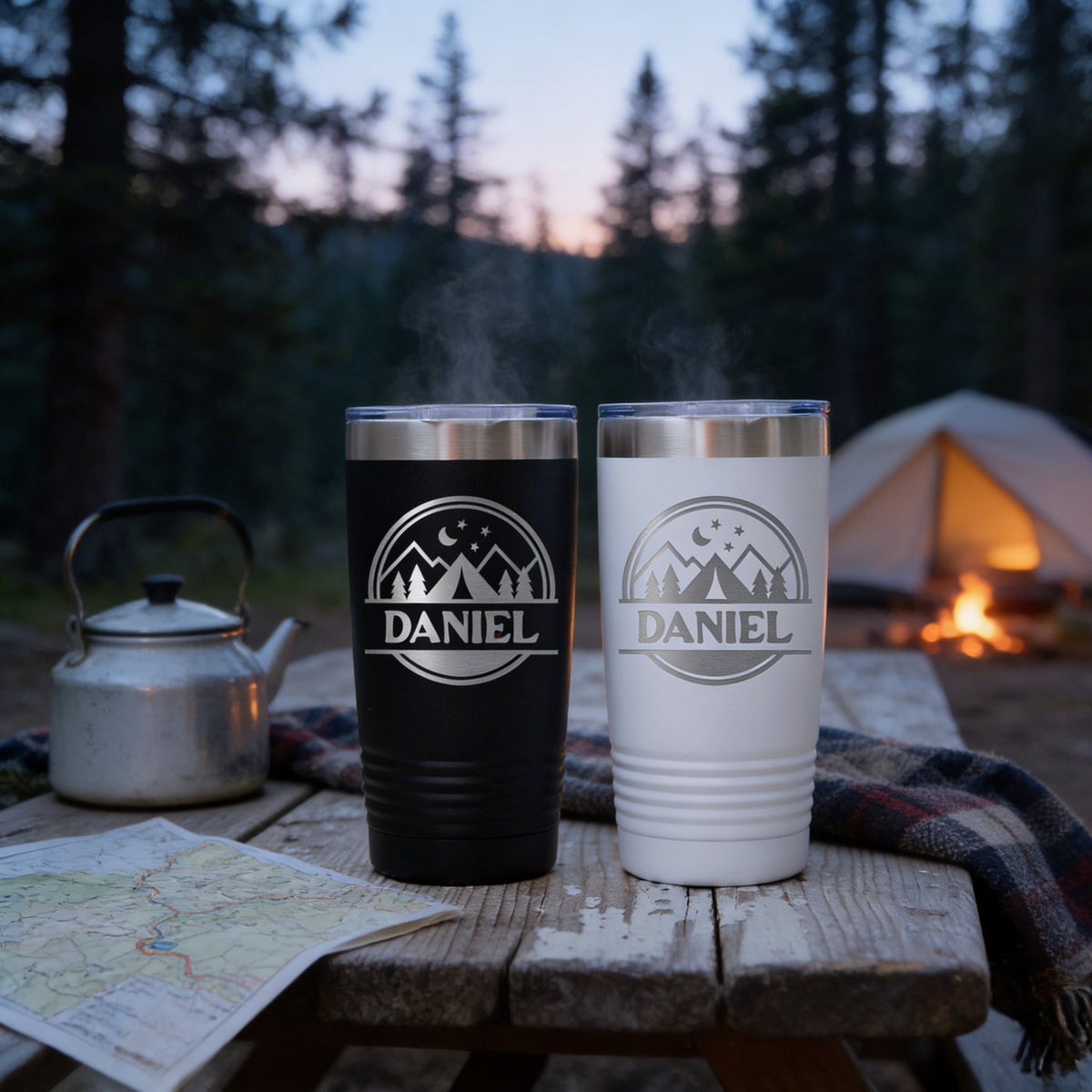 Personalized Camping Tumbler – Insulated Travel Mug with Mountain Stars Design by Joyful Moose