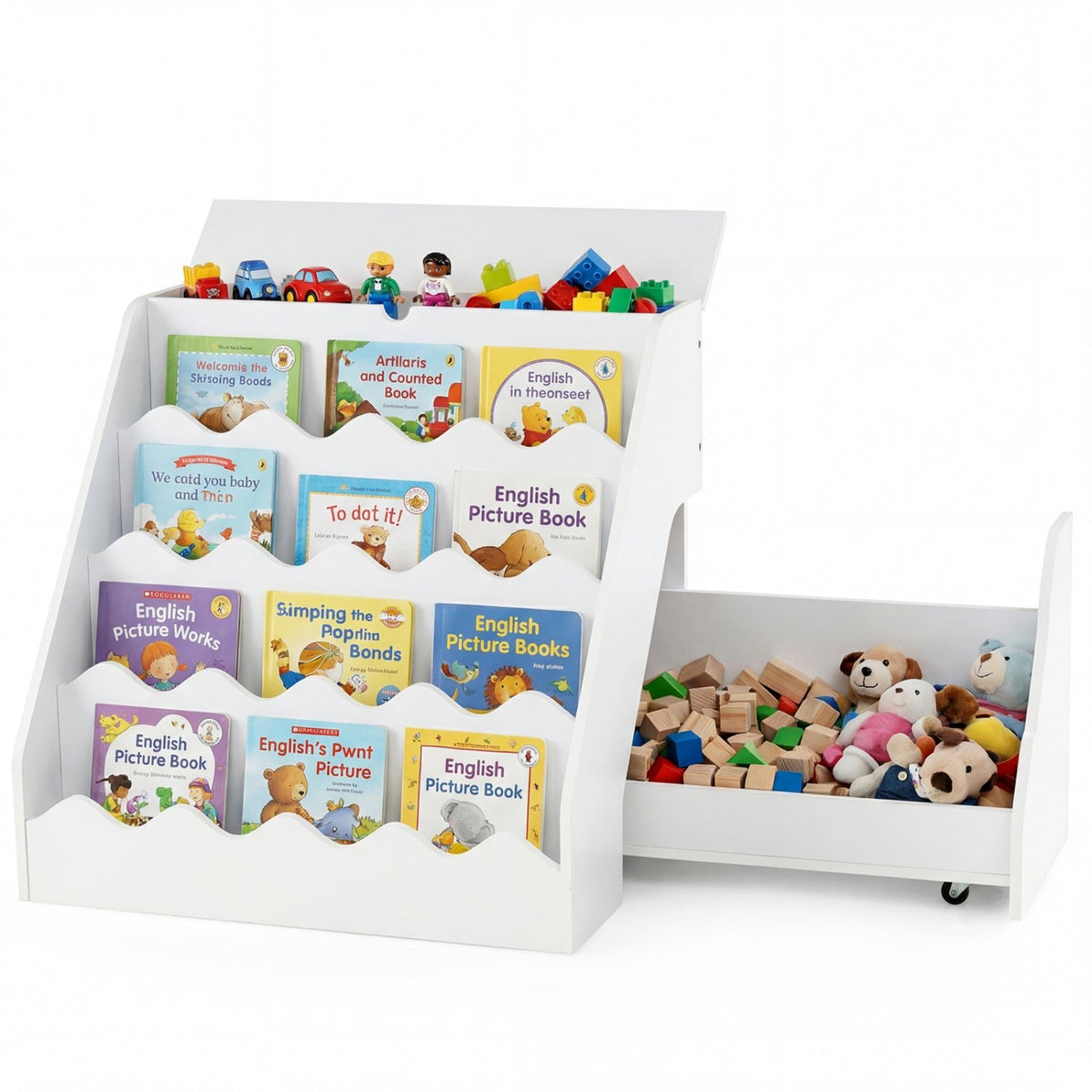 GBruno Store 4 tier kids bookshelf with rolling toy cart, view 2