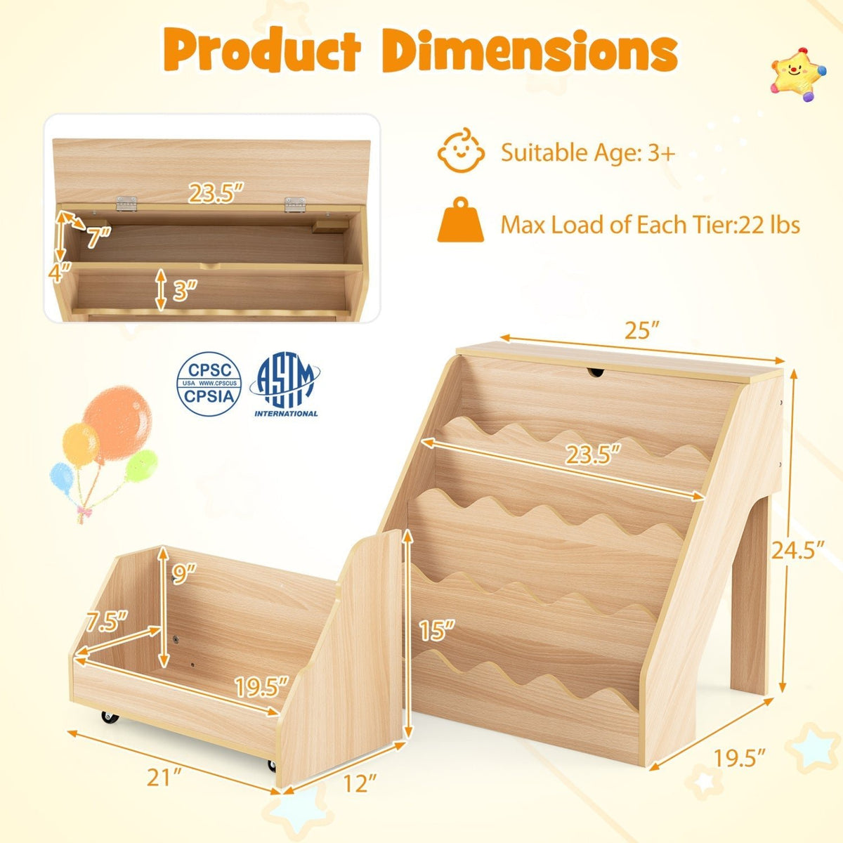 GBruno Store 4 tier kids bookshelf with rolling toy cart, view 5