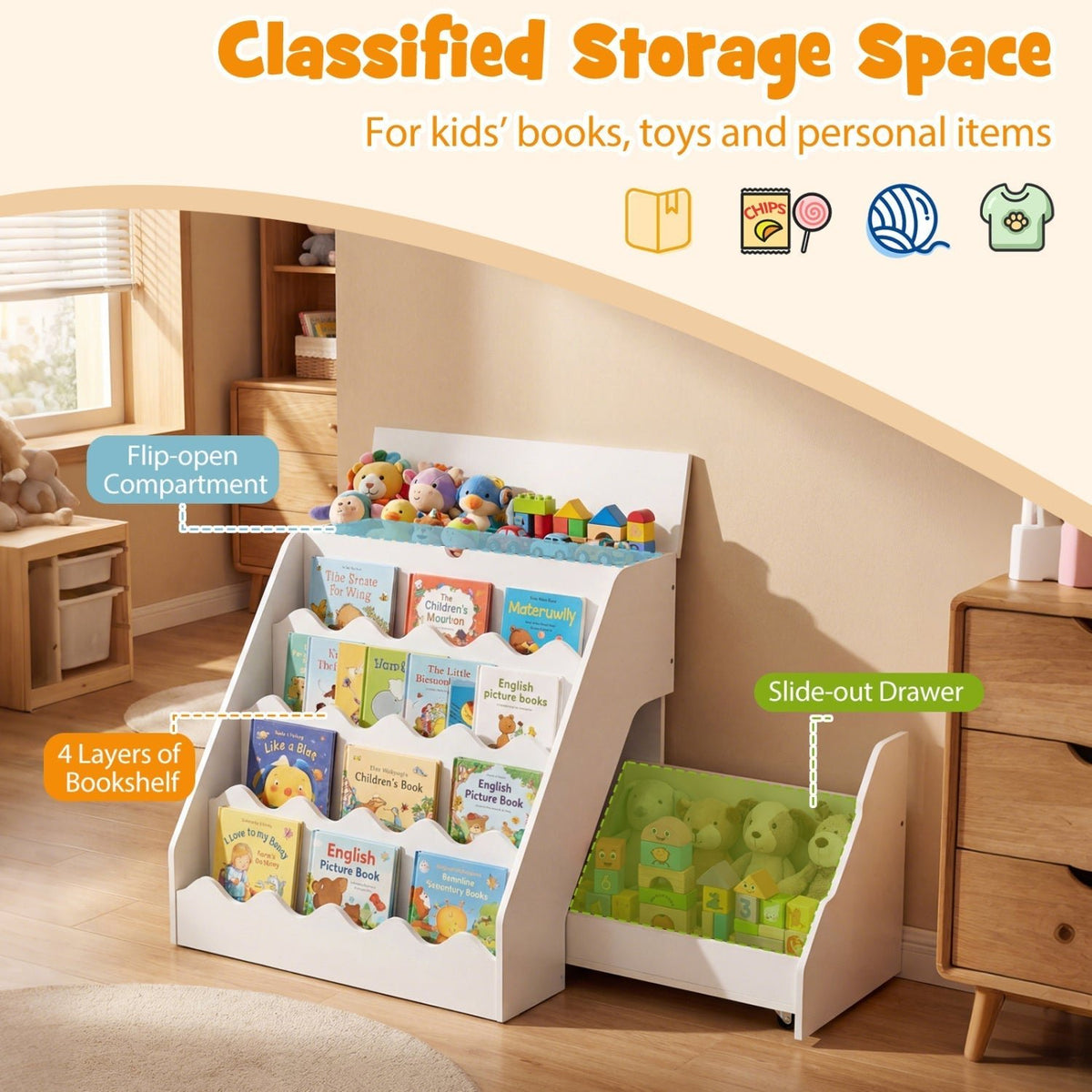 GBruno Store 4 tier kids bookshelf with rolling toy cart, view 14