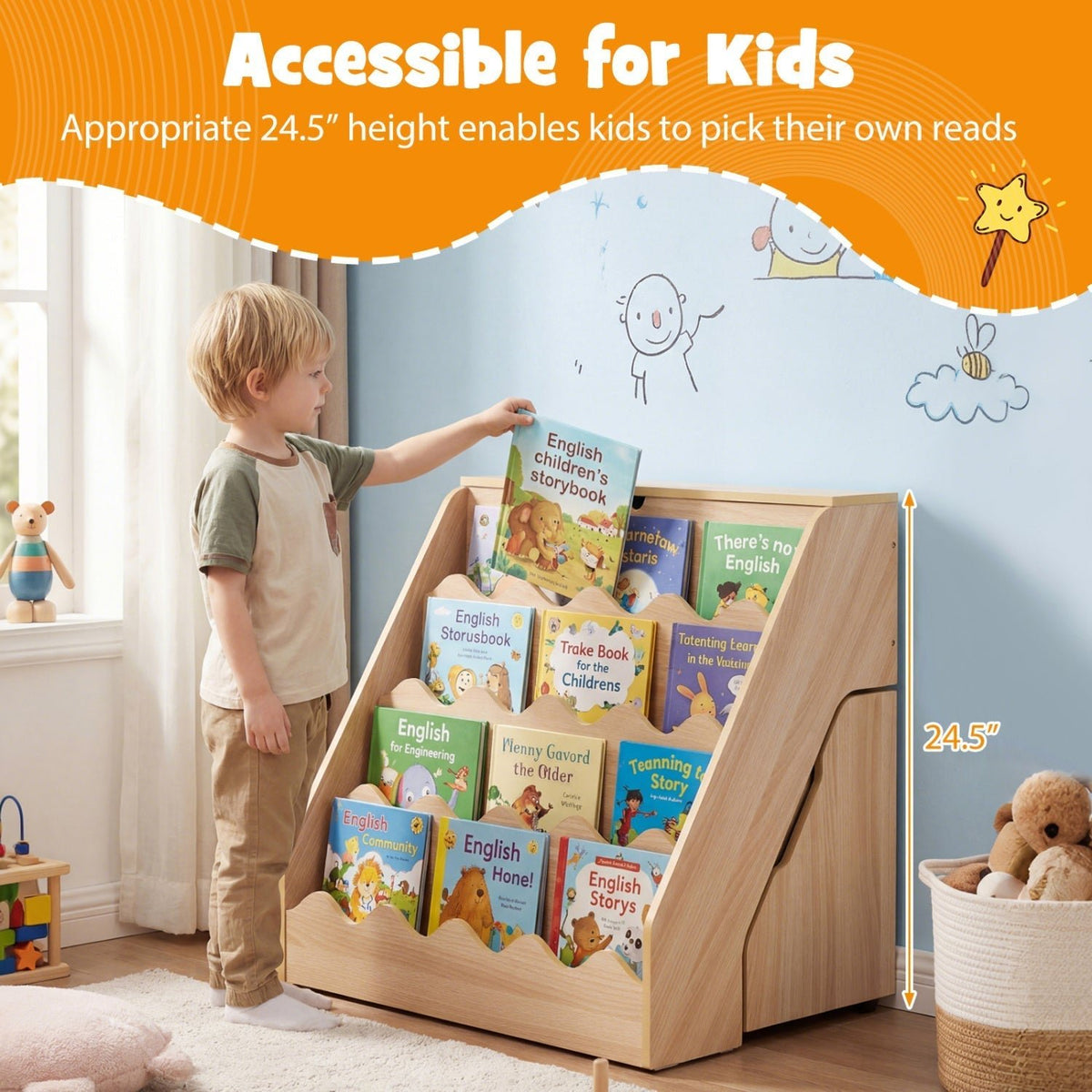 GBruno Store 4 tier kids bookshelf with rolling toy cart, view 8