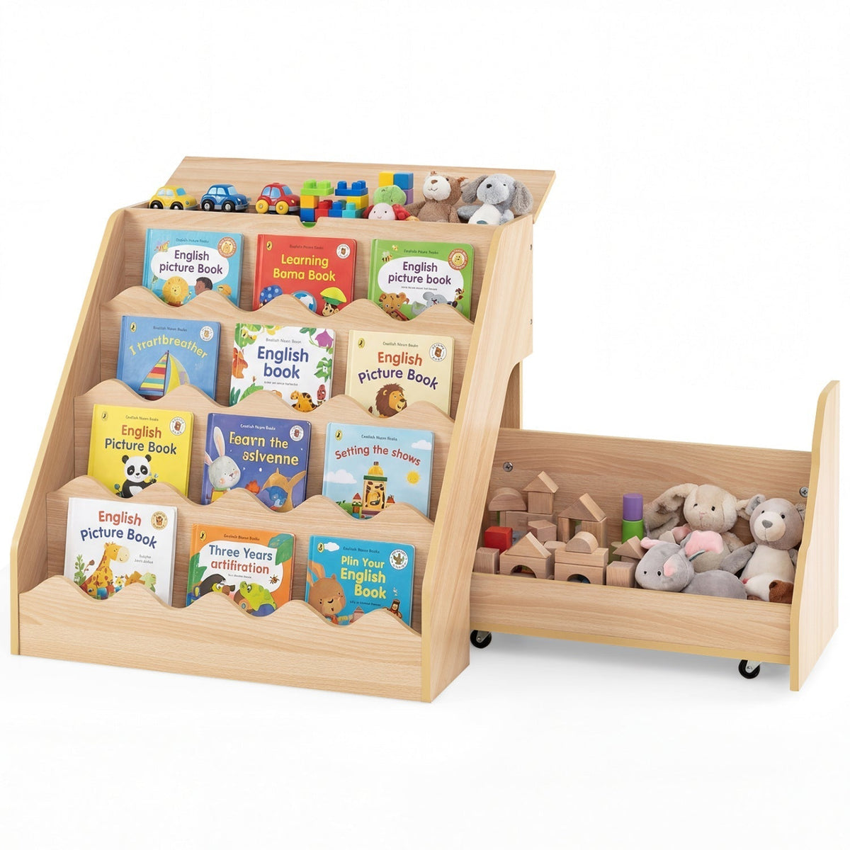 GBruno Store 4 tier kids bookshelf with rolling toy cart