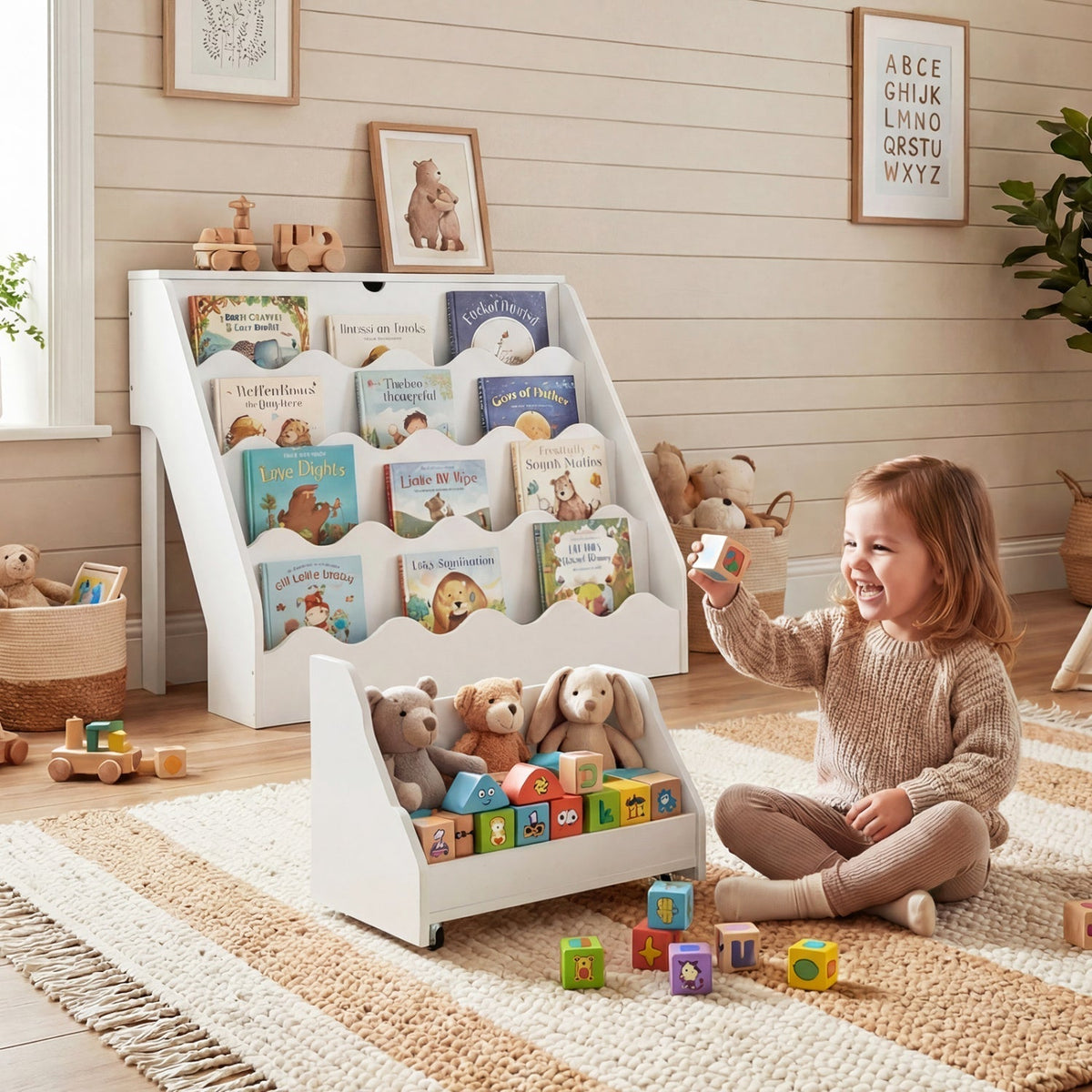 GBruno Store 4 tier kids bookshelf with rolling toy cart, view 13