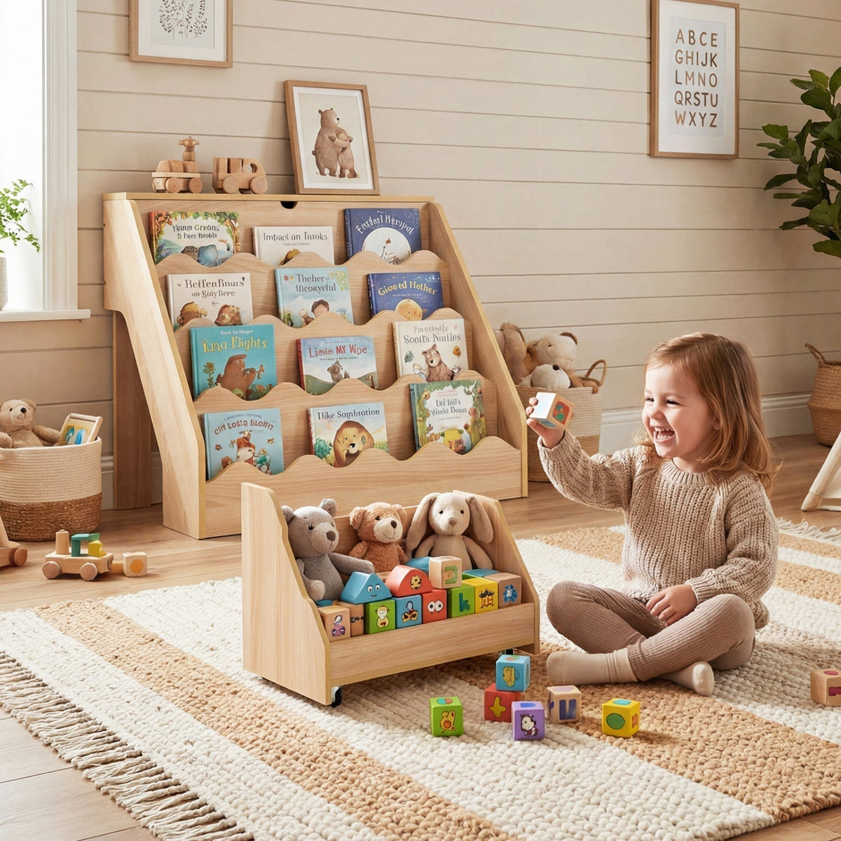 GBruno Store 4 tier kids bookshelf with rolling toy cart, view 6