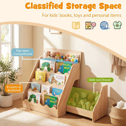 GBruno Store 4 tier kids bookshelf with rolling toy cart, view 7