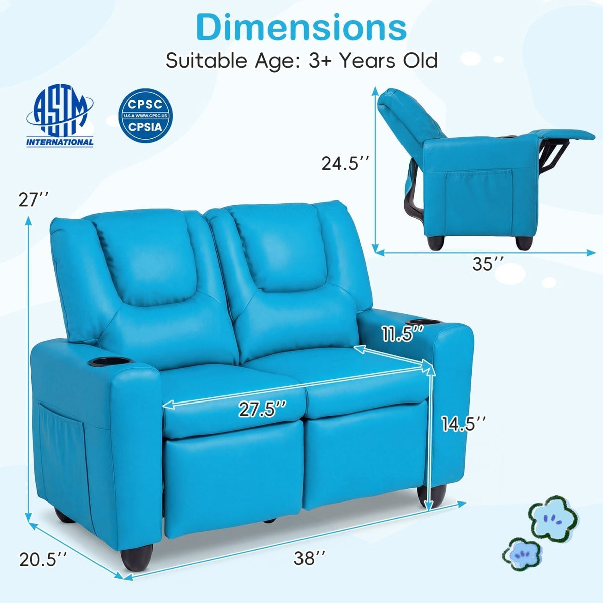 GBruno Store 2 seater kids recliner sofa with cup holders, view 22