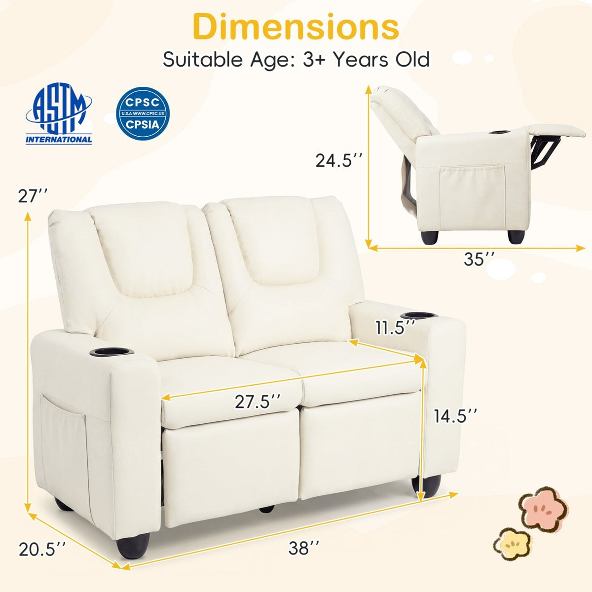 GBruno Store 2 seater kids recliner sofa with cup holders, view 29