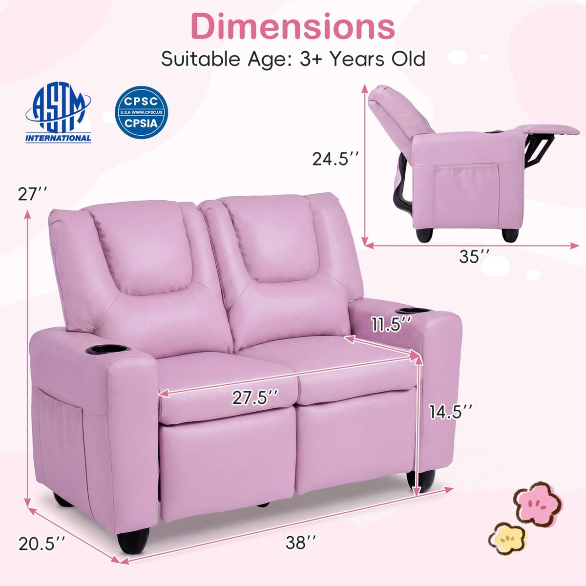 GBruno Store 2 seater kids recliner sofa with cup holders, view 8