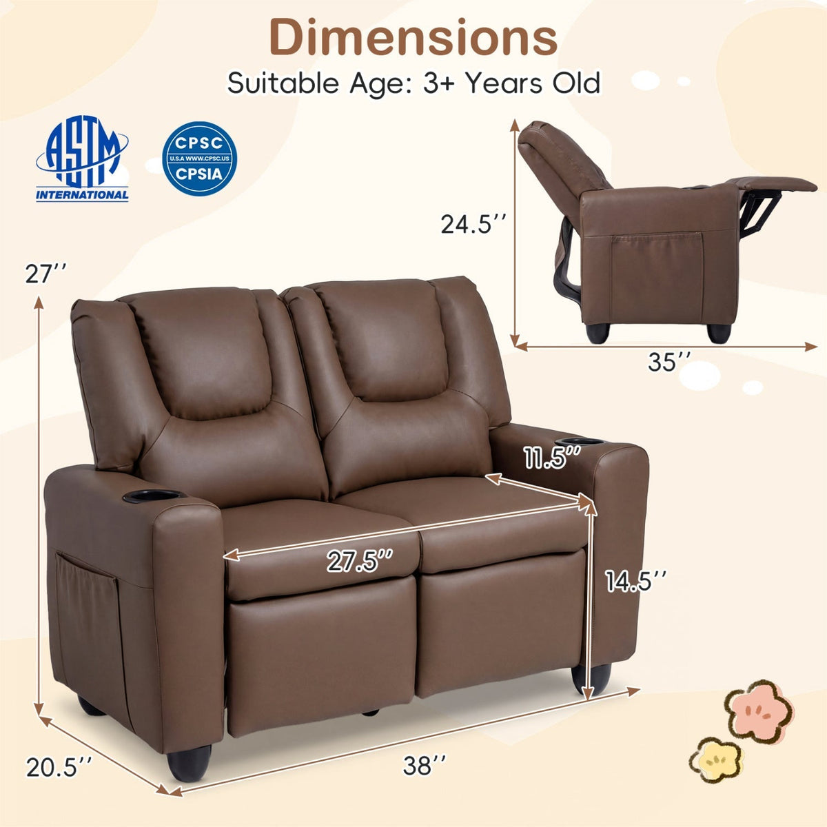 GBruno Store 2 seater kids recliner sofa with cup holders, view 15