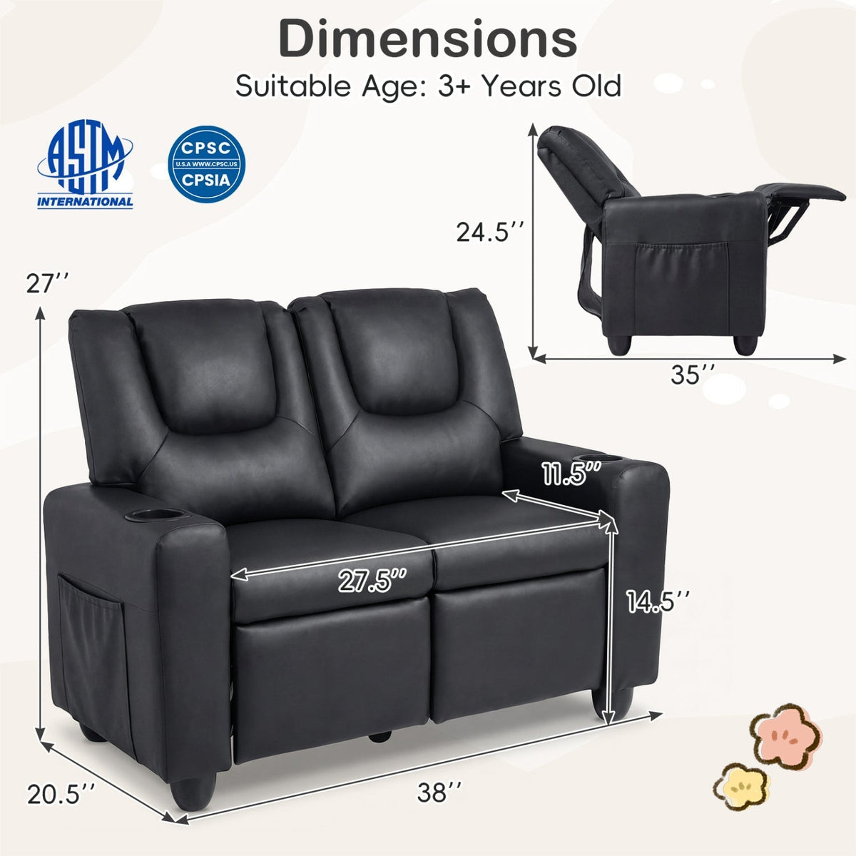 GBruno Store 2 seater kids recliner sofa with cup holders, view 36