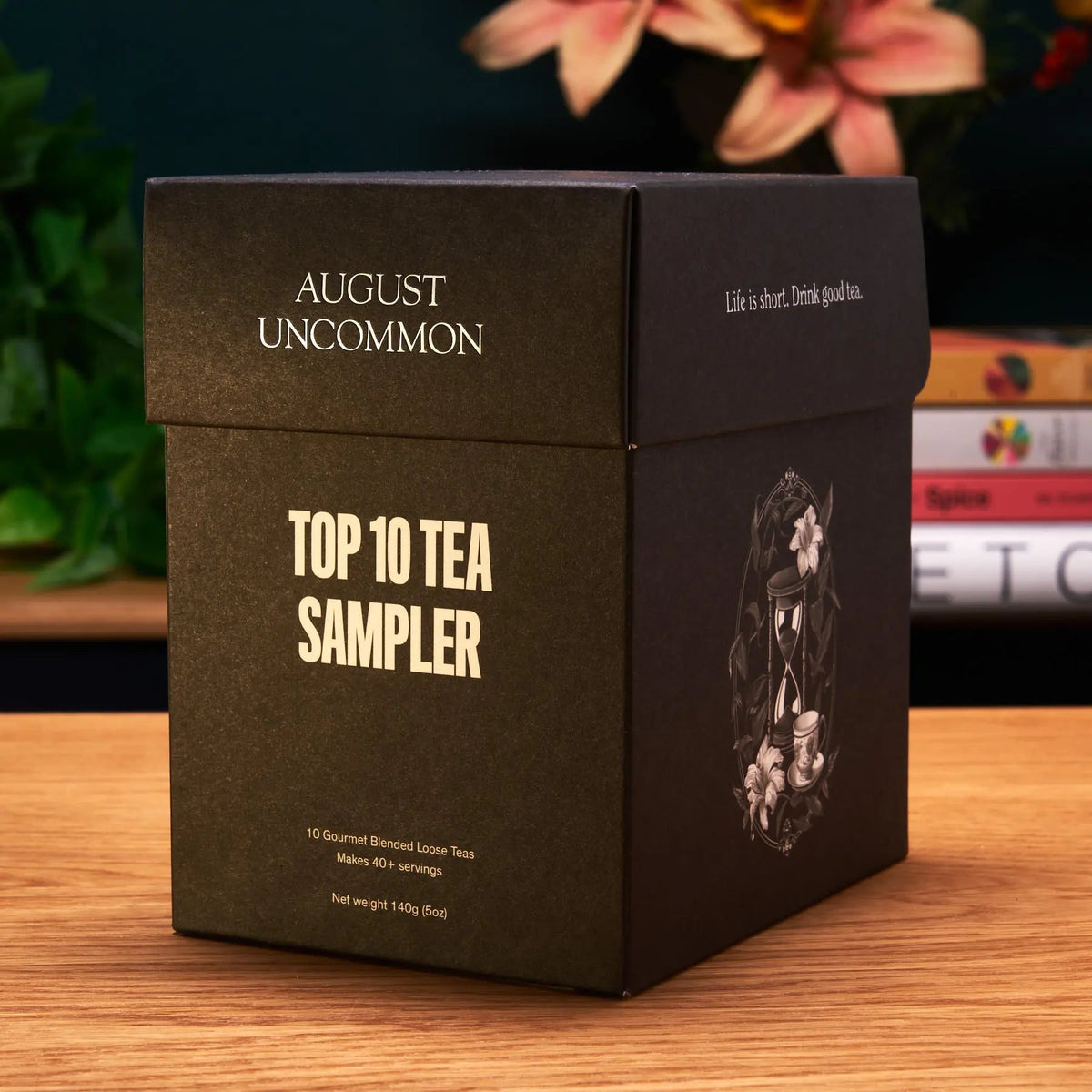Top 10 tea sampler kit with ten sample bags and a measuring scoop