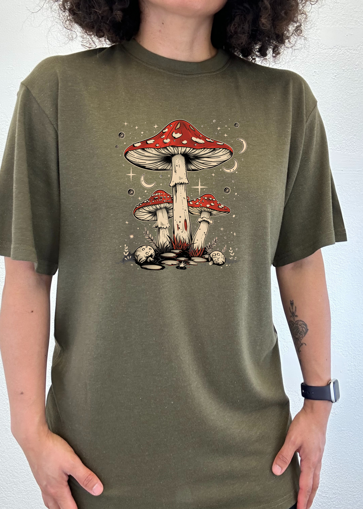 Boho Retro Hippie Mushrooms Natural unisex bamboo graphic T-shirt – view 4