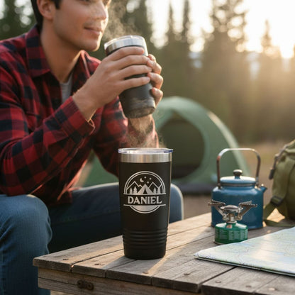 Personalized Camping Tumbler – Insulated Travel Mug with Mountain Stars Design by Joyful Moose